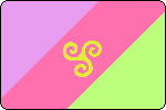 The Medusan Pride flag made of three diagonal sections - violet, pink, and green - with a three-part curled insignia in the center.
